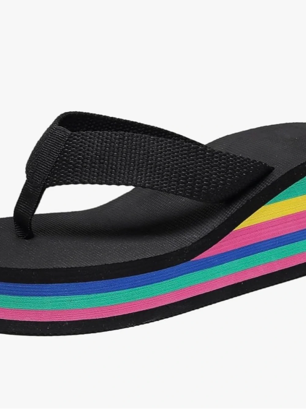 🩷. 9092. Black Platform Flip Flops with Rainbow Striped Sole